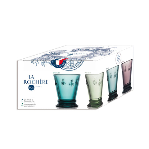 Coffret de 4 verres à vin ABEILLE 4 couleurs assorties - Emeraude, Vert Provence, Bleu nuit, Aubergine