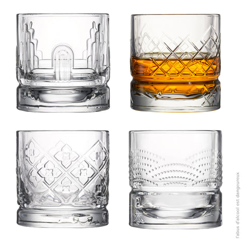 Coffret 4 gobelets à Whisky DANDY 4 motifs assortis - transparent