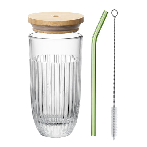 Coffret verre à Smoothie OUESSANT avec paille en verre verte et brosse - Transparent