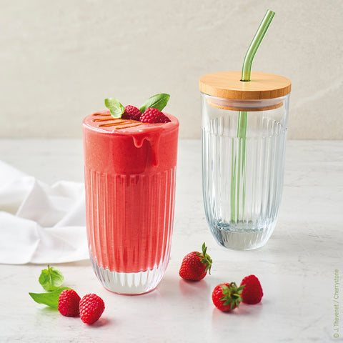 Coffret verre à Smoothie OUESSANT avec paille en verre verte et brosse - Transparent