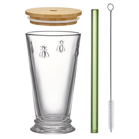 Coffret BUBBLE TEA ABEILLE Avec couvercle et paille verte - Transparent