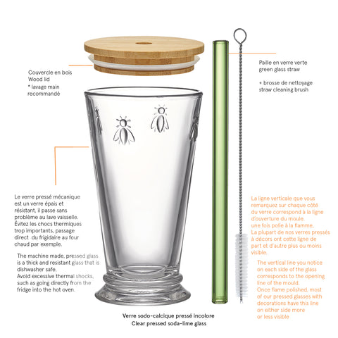 Coffret BUBBLE TEA ABEILLE Avec couvercle et paille verte - Transparent