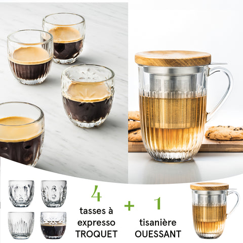 Set mit 4 Troquet-Espressotassen und 1 Ouessant-Kräuterteekanne. TISANIERE/ESPRESSO-BOX