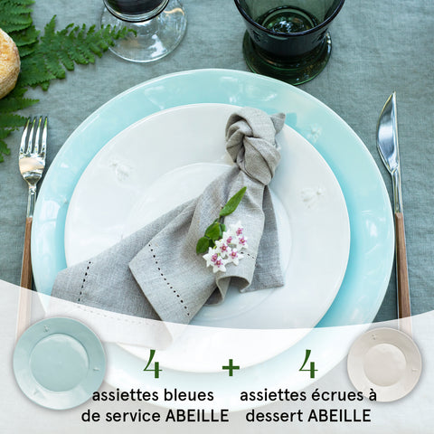 Ensemble de 4 assiettes de service bleues et ABEILLE 4 assiettes dessert écrues en céramique - bleu-écru
