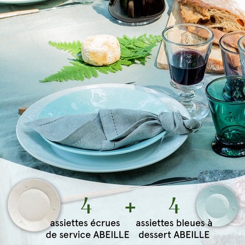 Ensemble de 4 assiettes de service écrues et ABEILLE 4 assiettes à dessert bleues en céramique - bleu-écru