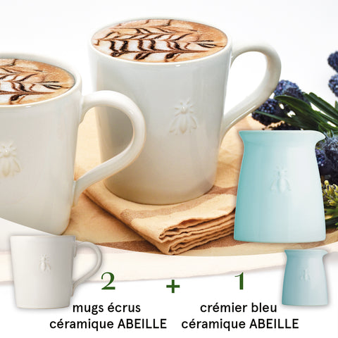 Ensemble de 2 mugs écrus et 1 crémier bleu en céramique ABEILLE Abeille - bleu-écru