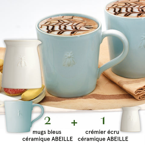 Ensemble de 2 mugs bleues et 1 crémier écru en céramique ABEILLE - bleu-écru