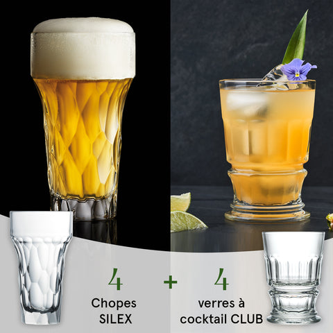 Ensemble de 4 chopes à bière SILEX et 4 verres à coktail CLUB BOX SILEX - CLUB - Transparent
