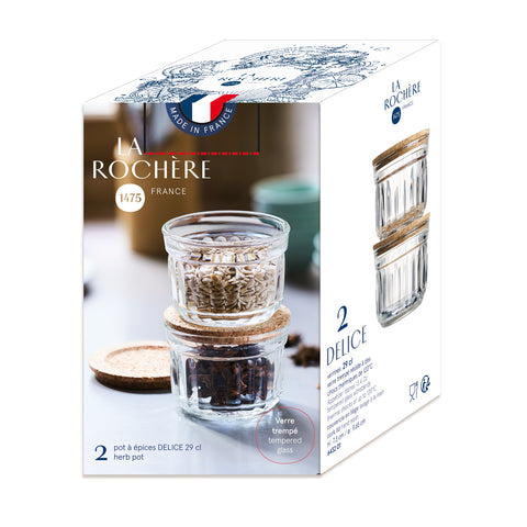 Coffret de 2 verrines conservation sèche DELICE avec couvercle en liège - transparent et liège