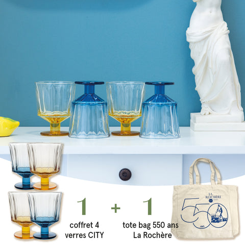 Set coffret de 4 verres à pied couleurs + TOTE BAG CITY